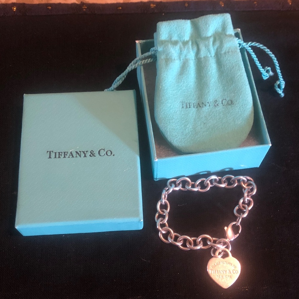 Return to Tiffany 925 heart charm chunky round link bracelet box & pouch